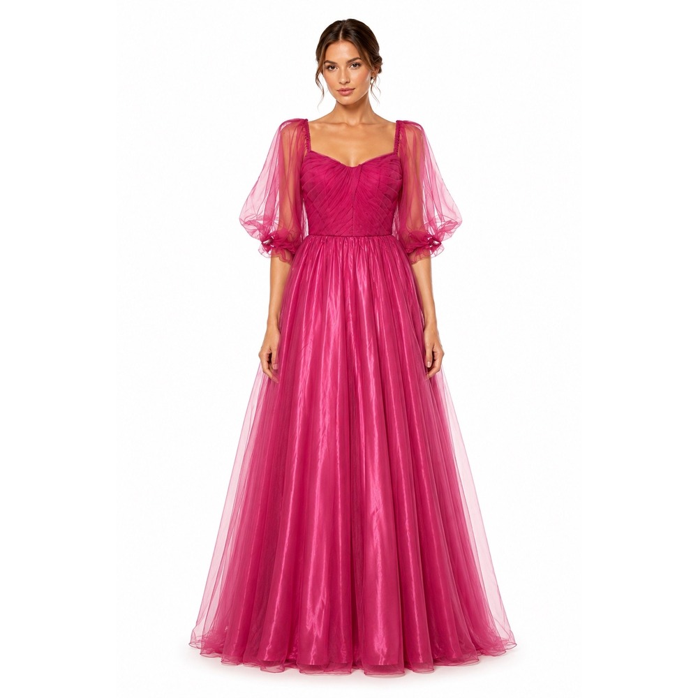 N.E.W. Fashion Magenta Tulle Puff Sleeve Formal Gown Prom Dress Size 4‎ NEW